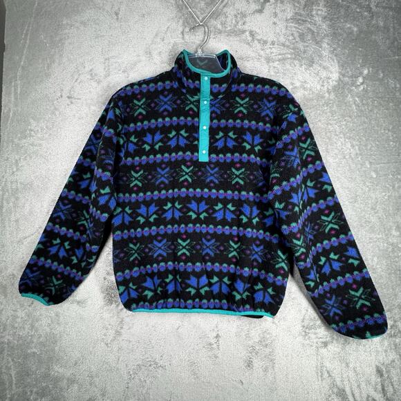 LL Bean Shirt Mens Medium Blue Green Fair Isle‎ Snap Fleece Retro Vintage 90s - Picture 2 of 11